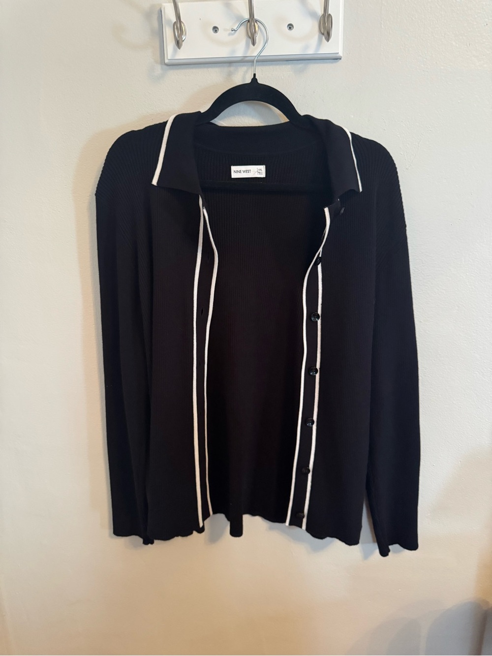 Nine West XXL Black Ribbed Knit Polo Cardigan White Trim Button Front